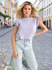 Koszulka z falbanką - fioletowy. Fioletowe t-shirty damskie Sinsay, l, bez wzorów, z bawełny, bez kołnierzyka. W wyprzedaży za 12.99 zł.