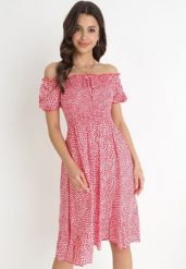 Czerwona Bawełniana Sukienka Hiszpanka w Kwiatki Rutani. Czerwone sukienki damskie Born2be, na imprezę, na lato, m, bez wzorów, z bawełny, eleganckie, bez kołnierzyka, bez ramiączek, midi. W wyprzedaży za 39.99 zł.