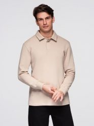 Bluza męska z kołnierzykiem polo ze strukturalnej dzianiny - beżowa V2 - Rozmiar: M. Brązowe bluzy bez kaptura męskie Ombre Clothing, m, z bawełny. W wyprzedaży za 59.99 zł.