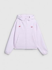 4F Bluza dresowa regular z kapturem damska - biała M. Białe bluzy sportowe damskie 4f, m, bez wzorów, z dresówki, bez ramiączek, z kapturem. Za 199.99 zł.
