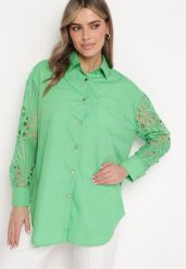 Zielona Koszula Oversize z Ażurowym Wzorem na Rękawach Vadena. Zielone koszule damskie Born2be, m, w ażurowe wzory, z jeansu, eleganckie, bez kołnierzyka, bez ramiączek. Za 84.99 zł.