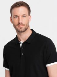 Bawełniana męska koszulka polo z kontrastowymi wykończeniami – czarna V8 OM-POSS-0113 - XXL. Czarne koszulki polo męskie Ombre Clothing, l, bez wzorów, z bawełny, bez ramiączek. Za 71.99 zł.