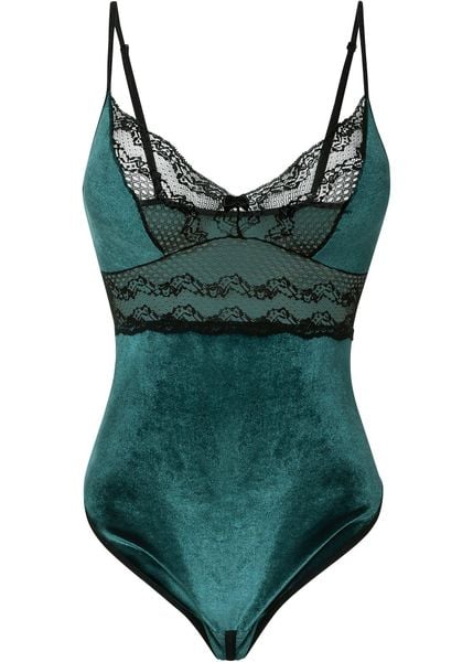 "Body aksamitne ""ouvert""". Zielone body damskie bonprix, bez wzorów. Za 109.99 zł.