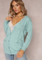 Miętowy Dzianinowy Kardigan z Tłoczeniami o Wydłużonym Fasonie z Kieszeniami Luittis. Zielone kardigany damskie Renee, bez wzorów, z bawełny. Za 89.99 zł.