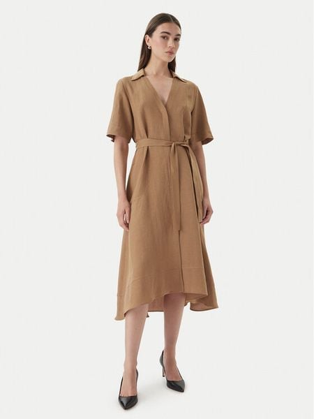 Marella Sukienka koszulowa Detto 2615221082 Brązowy Regular Fit. Brązowe sukienki damskie Marella, bez wzorów, ze lnu, bez kołnierzyka, bez ramiączek, koszulowe. Za 919.99 zł.
