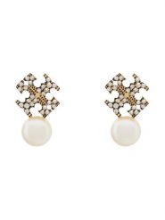 Tory Burch Kolczyki LOGO AND PEARL STUD EARRINGS 184422 Złoty. Żółte kolczyki damskie Tory Burch, ze stali. Za 659.99 zł.