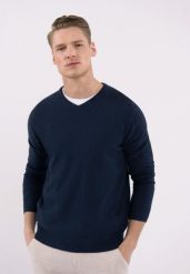 Sweter z dekoltem w serek S-STIG. Niebieskie swetry męskie Volcano, l, bez wzorów, z bawełny, bez kołnierzyka. Za 139.99 zł.