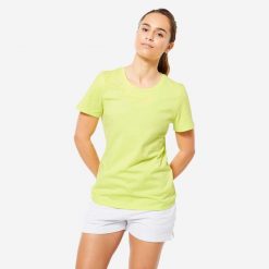 Koszulka z krótkim rękawem damska Domyos Gym & Pilates 500 Essentials. Szare topy sportowe damskie DOMYOS, m, bez wzorów, z bawełny, bez ramiączek. Za 24.99 zł.