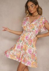 Pomarańczowa Kwiatowa Kopertowa Sukienka z Bawełny Ulosiana. Brązowe sukienki damskie Renee, na co dzień, l, bez wzorów, z bawełny, eleganckie, bez kołnierzyka, bez ramiączek, mini, kopertowe. W wyprzedaży za 39.99 zł.
