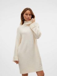 Vero Moda Sukienka dzianinowa w kolorze kremowym rozmiar: S. Brązowe sukienki damskie Vero Moda, na co dzień, s, bez wzorów, z dzianiny, bez kołnierzyka, bez ramiączek, midi, proste. Za 109.52 zł.