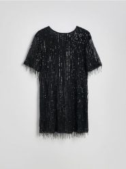 Cekinowa sukienka mini - czarny. Czarne sukienki damskie Reserved, na co dzień, l, bez wzorów, z dzianiny, bez kołnierzyka, bez ramiączek, mini, proste. Za 159.99 zł.