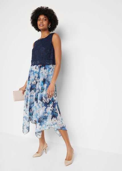 Sukienka szyfonowa z delikatną koronką. Niebieskie sukienki damskie bonprix, bez wzorów, z koronki, eleganckie, z asymetrycznym kołnierzem, bez ramiączek, midi, asymetryczne. Za 249.99 zł.