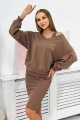 Komplet bluzka + sukienka prążkowana mocca. Sukienki damskie KESI, na co dzień, l, bez wzorów, z bawełny, eleganckie, bez kołnierzyka, bez ramiączek. Za 292.73 zł.