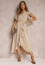 Beżowa Sukienka Morleo. Brązowe sukienki damskie Renee, na wesele, bez wzorów, eleganckie, bez kołnierzyka, bez ramiączek, maxi, kopertowe. W wyprzedaży za 62.99 zł.