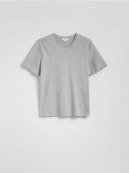 T-shirt slim z dekoltem V - jasnoszary. Szare t-shirty męskie Reserved, l, bez wzorów, z bawełny, bez kołnierzyka. W wyprzedaży za 49.99 zł.