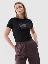 4F T-shirt slim z nadrukiem damski - czarny XS. Czarne t-shirty damskie 4f, xs, bez wzorów, z bawełny, bez kołnierzyka. W wyprzedaży za 29.99 zł.
