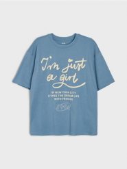 Bawełniana koszulka z napisem I'm Just a Girl - szary. Szare koszulki dziewczęce Sinsay, l, bez wzorów, z bawełny, bez ramiączek. Za 12.99 zł.