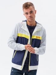 Kurtka męska wiatrówka z kapturem - granatowa V1 - Rozmiar: L. Niebieskie kurtki męskie Ombre Clothing, l, bez wzorów, z kapturem. W wyprzedaży za 49.99 zł.