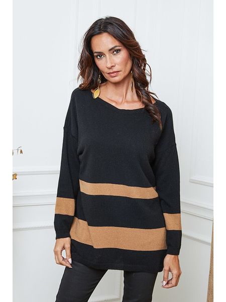 So Cachemire Sweter "Ellev" w kolorze czarno-jasnobrązowym rozmiar: L. Czarne swetry klasyczne damskie So Cachemire, l, z kaszmiru, bez kołnierzyka. Za 191.88 zł.