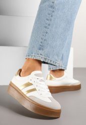 Biało-Złote Klasyczne Sneakersy Tenisówki na Niskiej Platformie Denirla. Białe trampki i tenisówki damskie Renee, bez wzorów, z jeansu. Za 74.99 zł.