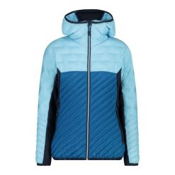 Hybrydowa kurtka damska z kapturem CMP Unlimitech. Niebieskie kurtki damskie CMP, bez wzorów, z puchu, z kapturem. Za 642.25 zł.