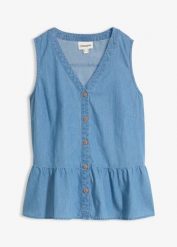 Jeansowy top bez rękawów z bawełny organicznej. Niebieskie topy damskie bonprix, bez wzorów, z bawełny, bez kołnierzyka. Za 124.99 zł.