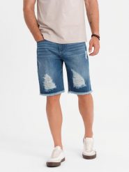 Męskie krótkie spodenki jeansowe z przetarciami i dziurami – niebieskie V3 OM-SRDS-0157 - XXL. Niebieskie szorty męskie Ombre Clothing, z bawełny, bez kołnierzyka. W wyprzedaży za 89.99 zł.
