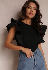 Czarna Bluzka z Falbankami Wokół Ramion i Okrągłym Dekoltem Palnn. Czarne bluzki damskie Renee, m, bez wzorów, z bawełny, eleganckie, bez kołnierzyka, bez ramiączek. Za 54.99 zł.