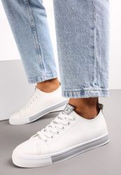 Biało-Szare Sznurowane Tenisówki na Ozdobnej Podeszwie z Taśmą z Napisami Majara. Białe trampki i tenisówki damskie Renee, bez wzorów. Za 54.99 zł.
