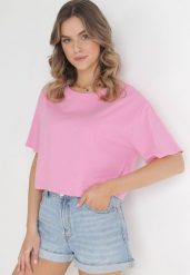 Różowy Krótki T-shirt Oversize Lilu. Czerwone t-shirty damskie Born2be, l, bez wzorów, z bawełny, bez kołnierzyka. Za 29.99 zł.