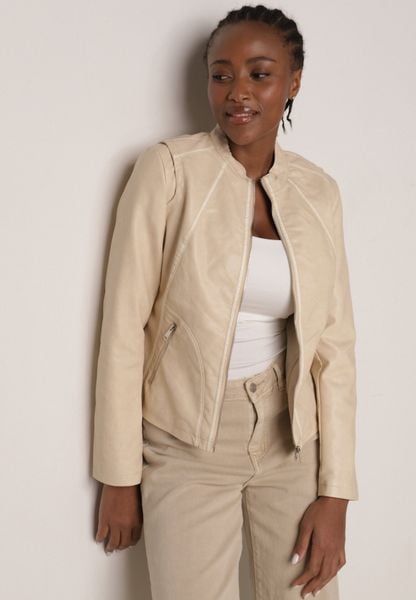 Beżowa Taliowana Kurtka Ramoneska z Kontrastowymi Lamówkami Nissalea. Brązowe kurtki damskie Born2be, l, bez wzorów, z jeansu, bez kaptura. Za 109.99 zł.