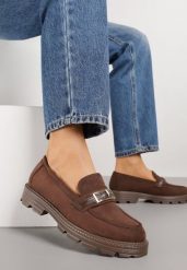 Brązowe Mokasyny z Metaliczną Klamrą Glitterfly. Brązowe mokasyny damskie Renee, z jeansu. Za 99.99 zł.