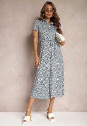 Niebiesko-Biała Koszulowa Sukienka w Geometryczny Wzór Zapinana na Guziki Xarrah. Niebieskie sukienki damskie Renee, na co dzień, m, bez wzorów, eleganckie, bez kołnierzyka, bez ramiączek, midi, kopertowe. Za 179.99 zł.