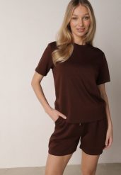 Brązowy Letni Komplet z Bawełny i Wiskozy T-shirt i Szorty Celinai. Brązowe szorty damskie Born2be, bez wzorów, z bawełny, eleganckie. Za 109.99 zł.