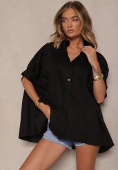 Czarna Koszula z Bawełny Oversize Zienessa. Czarne koszule damskie Renee, bez wzorów, z bawełny, eleganckie, bez kołnierzyka, bez ramiączek. Za 79.99 zł.
