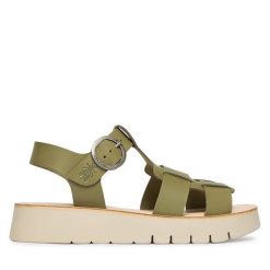 Sandały Fly London. Zielone sandały damskie Fly London, bez wzorów, bez obcasa, na płaskiej podeszwie. Za 505.99 zł.