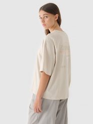 4F T-shirt oversize z nadrukiem damski - beżowy XL. Brązowe t-shirty damskie 4f, xl, bez wzorów, z bawełny, bez kołnierzyka. W wyprzedaży za 29.99 zł.