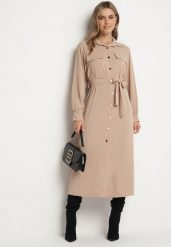 Beżowa Koszulowa Sukienka z Podpinanymi Rękawami i Dodatkowym Wiązanym Paskiem Ivandria. Brązowe sukienki damskie Born2be, na co dzień, l, bez wzorów, klasyczne, bez kołnierzyka, bez ramiączek, koszulowe. Za 99.99 zł.