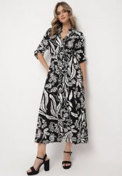 Czarno-Biała Koszulowa Sukienka z Roślinnym Wzorem z Wiązanym Paskiem Rosallen. Czarne sukienki damskie Born2be, na imprezę, m, bez wzorów, bez kołnierzyka, bez ramiączek, maxi, koszulowe. Za 99.99 zł.