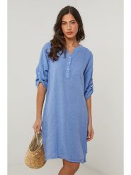 Le Monde du Lin Lniana sukienka w kolorze niebieskim rozmiar: 36/38. Niebieskie sukienki damskie Le Monde du Lin, bez wzorów, ze lnu, klasyczne, bez kołnierzyka, bez ramiączek, mini. Za 152.99 zł.