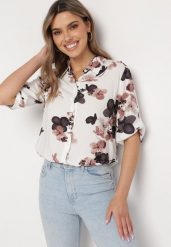 Biało-Beżowa Koszula z Bawełny i Wiskozy z Rękawami 3/4 w Kwiaty Milkera. Białe koszule damskie Born2be, l, bez wzorów, z bawełny, bez kołnierzyka, bez ramiączek. Za 64.99 zł.