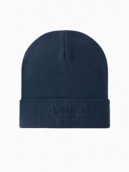 Męska czapka dzianinowa beanie z haftowanym napisem – granatowa V3. Niebieskie czapki męskie Ombre Clothing, bez wzorów, z dzianiny, eleganckie. Za 129.99 zł.
