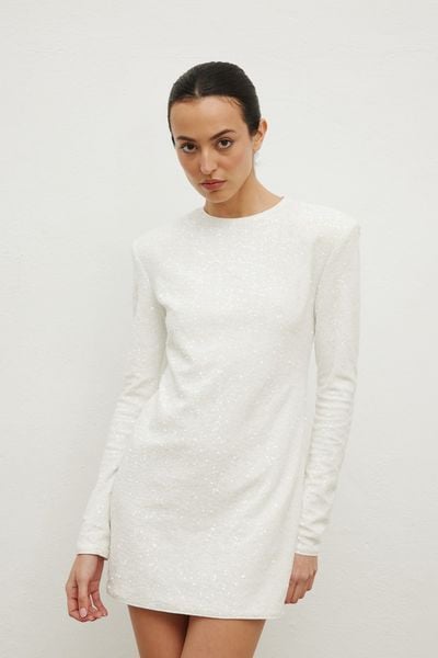 Sukienka z cekinami w kolorze CREM- CONFETTI -M. Sukienki damskie Marsala, na imprezę, l, bez wzorów, eleganckie, bez kołnierzyka, bez ramiączek, mini, dopasowane. Za 339.90 zł.