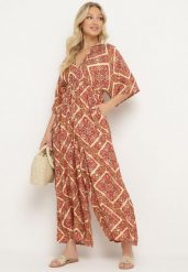 Różowo-Żółty Kombinezon Boho z Gumką w Talii Wiązany na Plecach z Szerokimi Nogawkami Rodolia. Czerwone kombinezony damskie Born2be, uniwersalny, bez wzorów, boho, bez kołnierzyka, bez ramiączek, krótkie. Za 84.99 zł.