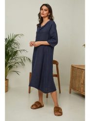 Joséfine Lniana sukienka "Granael" w kolorze granatowym rozmiar: S. Niebieskie sukienki damskie Joséfine, na co dzień, s, bez wzorów, ze lnu, bez kołnierzyka, bez ramiączek, midi, proste. Za 195.99 zł.