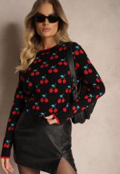 Czarny Casualowy Sweter z Wiskozą Ozdobiony Printem w Wisienki Avattria. Czarne swetry klasyczne damskie Renee, z jeansu, bez kołnierzyka. Za 109.99 zł.