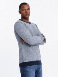 Dzianinowy sweter męski RELAXED FIT we wzory – granatowy V1 OM-SWSW-0111 - XXL. Niebieskie swetry męskie Ombre Clothing, l, bez wzorów, z bawełny, bez kołnierzyka. W wyprzedaży za 69.99 zł.