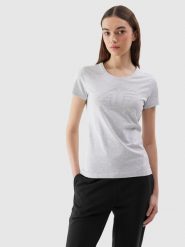 4F T-shirt slim z nadrukiem damski - szary XS. Szare t-shirty damskie 4f, xs, bez wzorów, z bawełny, bez kołnierzyka. W wyprzedaży za 39.99 zł.
