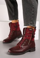 Czerwone Botki Workery z Łączonych Materiałów z Ozdobnym Suwakiem Debiora. Czerwone botki damskie Born2be, z jeansu, eleganckie, bez obcasa, na płaskiej podeszwie, bez zapięcia. Za 149.99 zł.