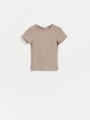 T-shirt z wiskozą - brązowy. Brązowe t-shirty damskie Reserved, l, bez wzorów, z bawełny, bez kołnierzyka. Za 49.99 zł.